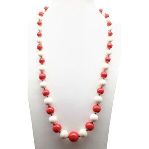 Vintage Red & White Beaded Necklace With Gold-Tone Clasp